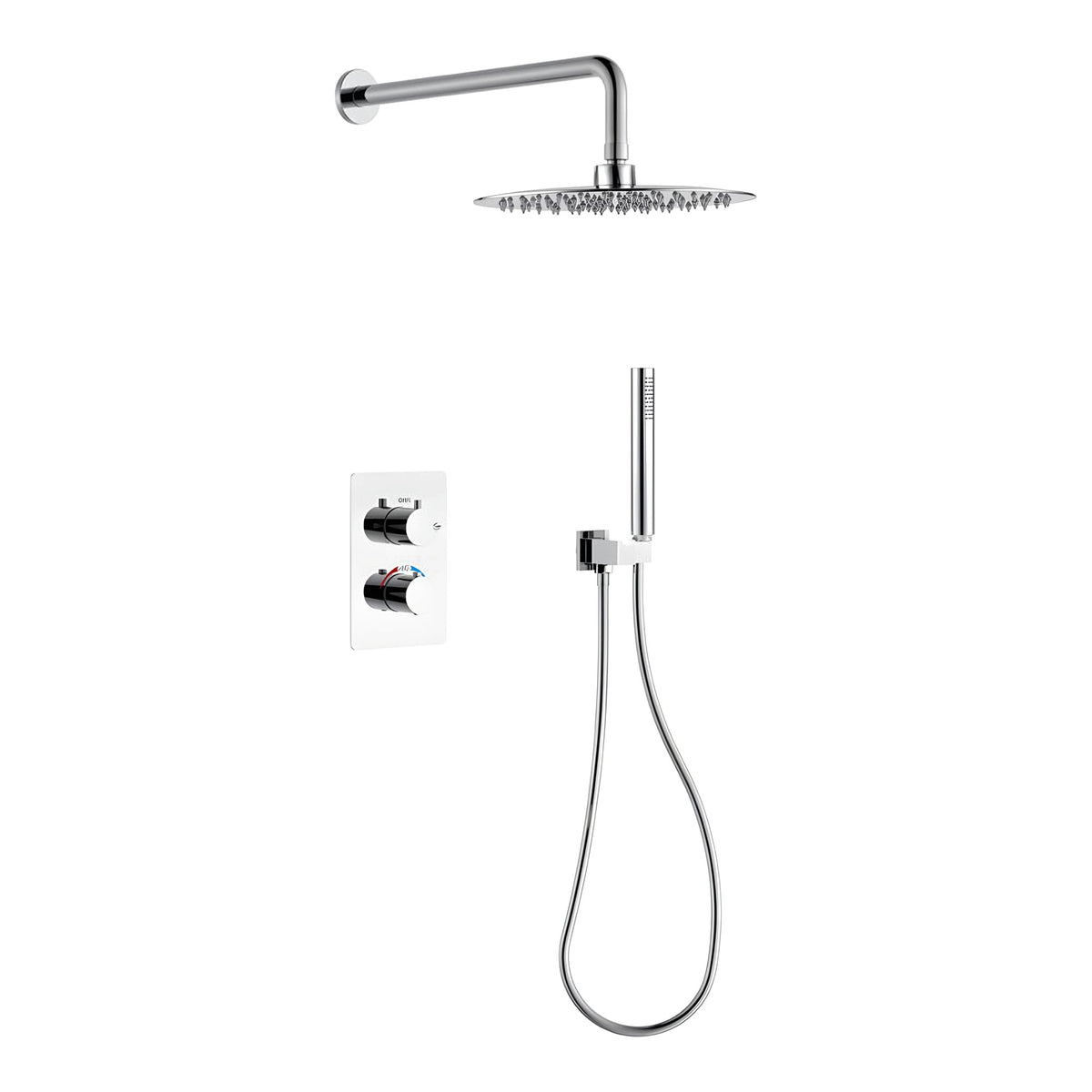 Orbis chrome concealed thermostatic shower set with 250mm round rainfall head, pencil handset and 2 outlet twin valve