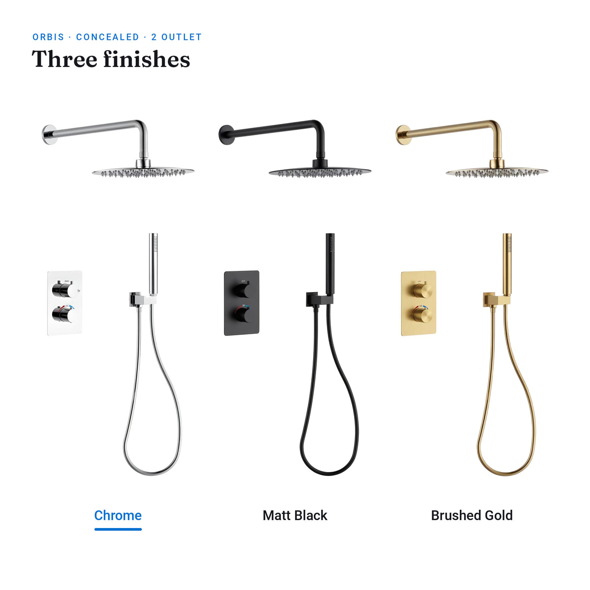 Orbis 2 outlet concealed shower set in chrome, matt black and brushed gold, with chrome selected