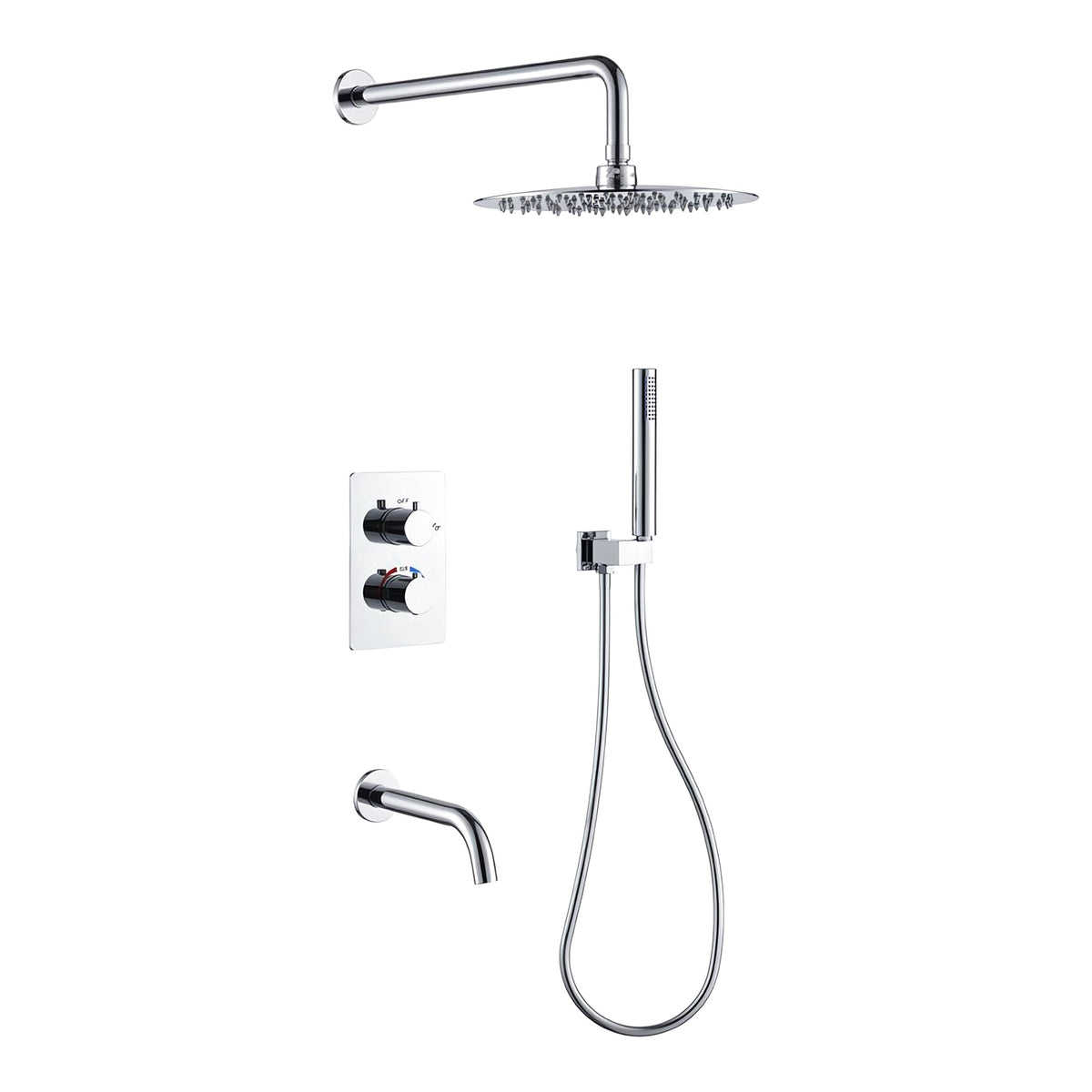 Orbis chrome concealed thermostatic shower set with 250mm round rainfall head, pencil handset, bath spout and 3 outlet twin valve