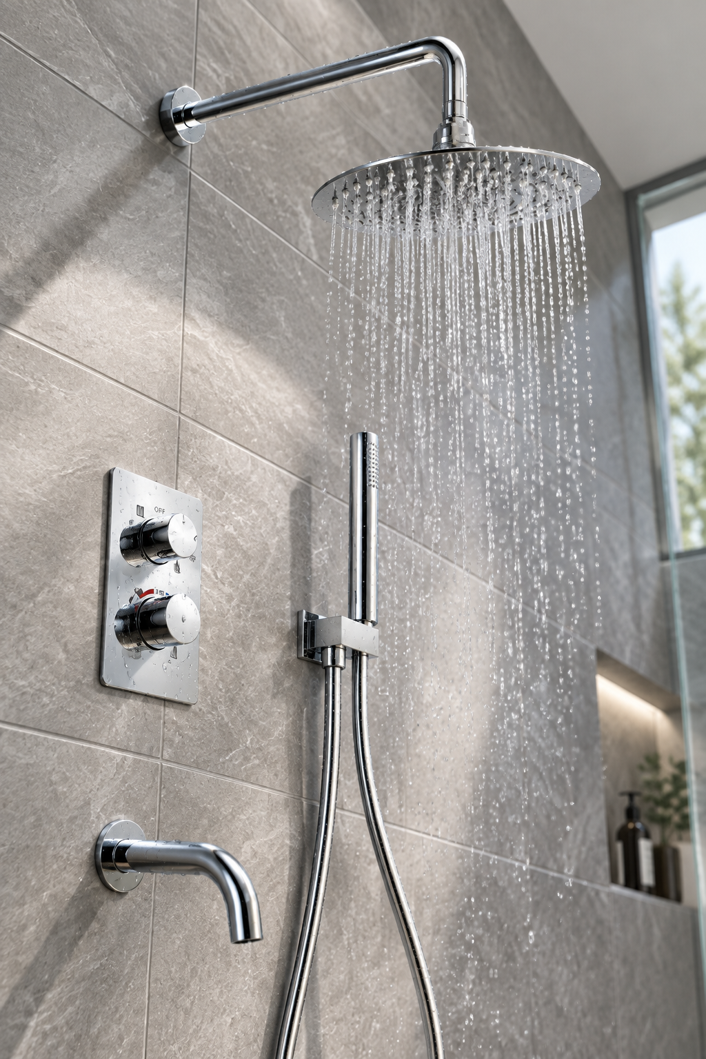 Orbis chrome 3 outlet concealed shower set installed in a bathroom, view 2