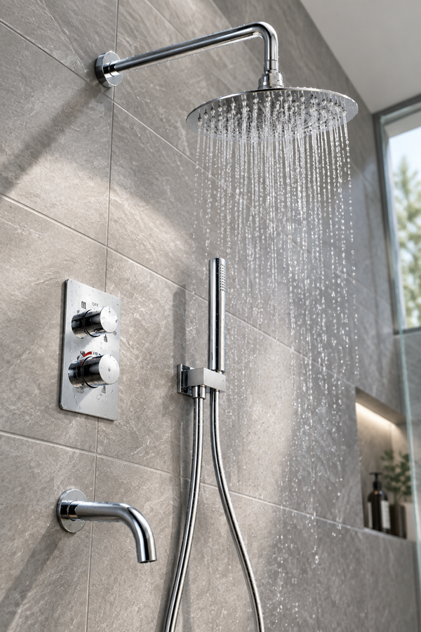 Orbis chrome 3 outlet concealed shower set installed in a bathroom, view 2