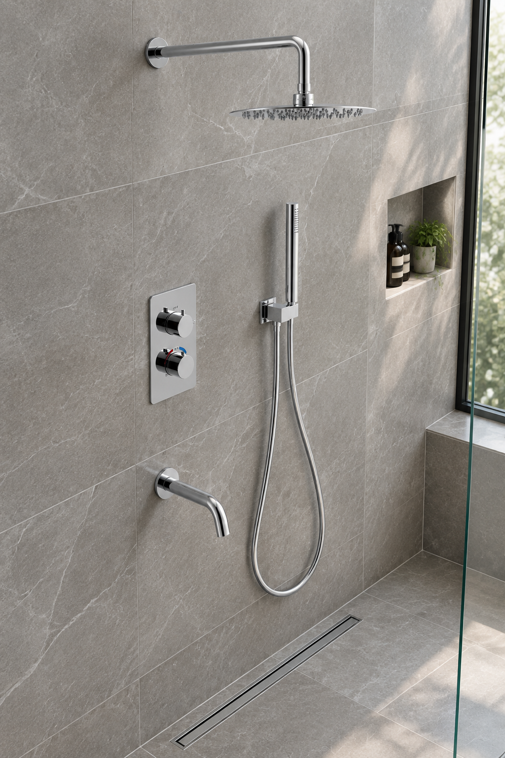 Orbis chrome 3 outlet concealed shower set installed in a bathroom, view 3