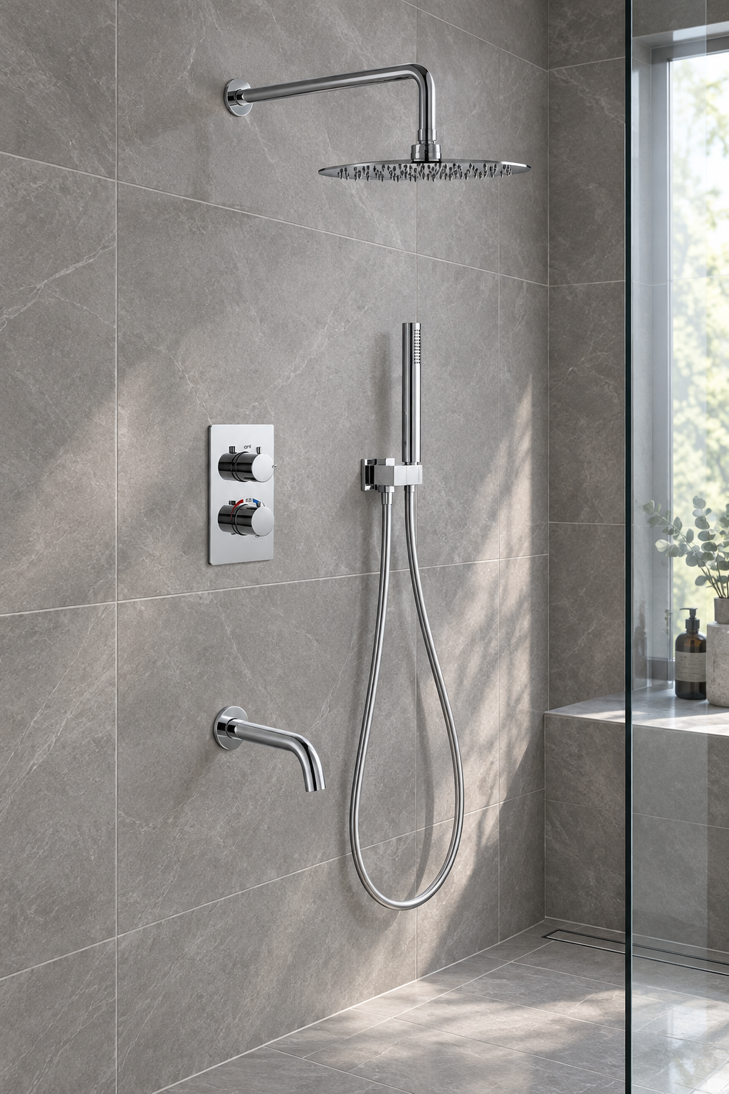 Orbis chrome 3 outlet concealed shower set installed in a bathroom, view 4