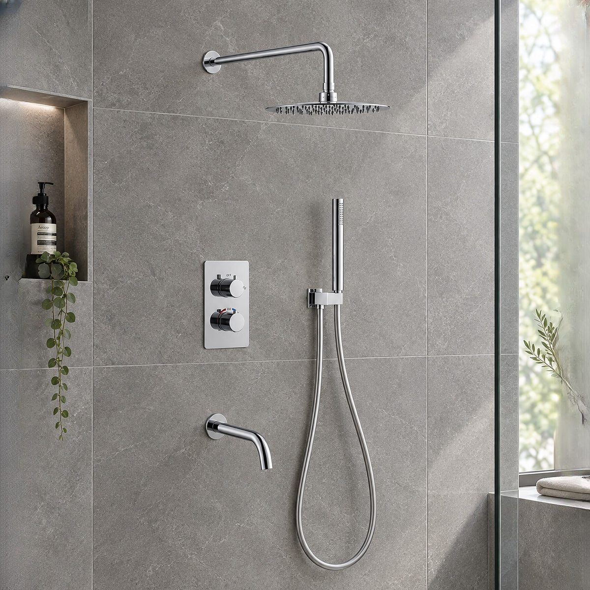 Orbis chrome 3 outlet concealed shower set with bath spout on grey stone-effect tiles