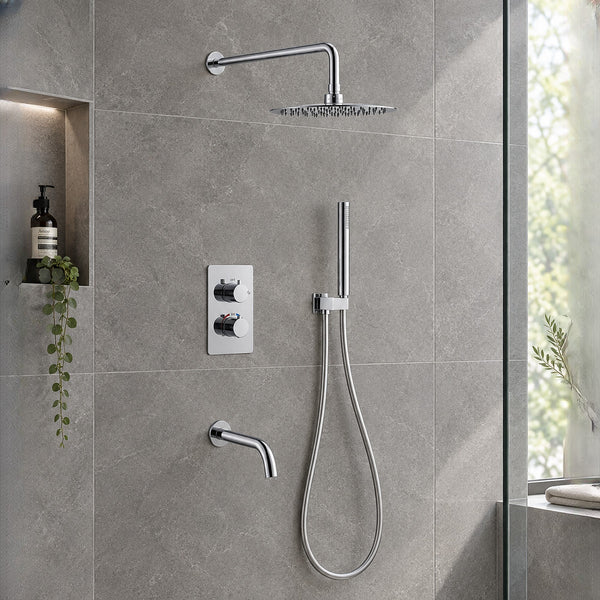 Orbis chrome 3 outlet concealed shower set with bath spout on grey stone-effect tiles