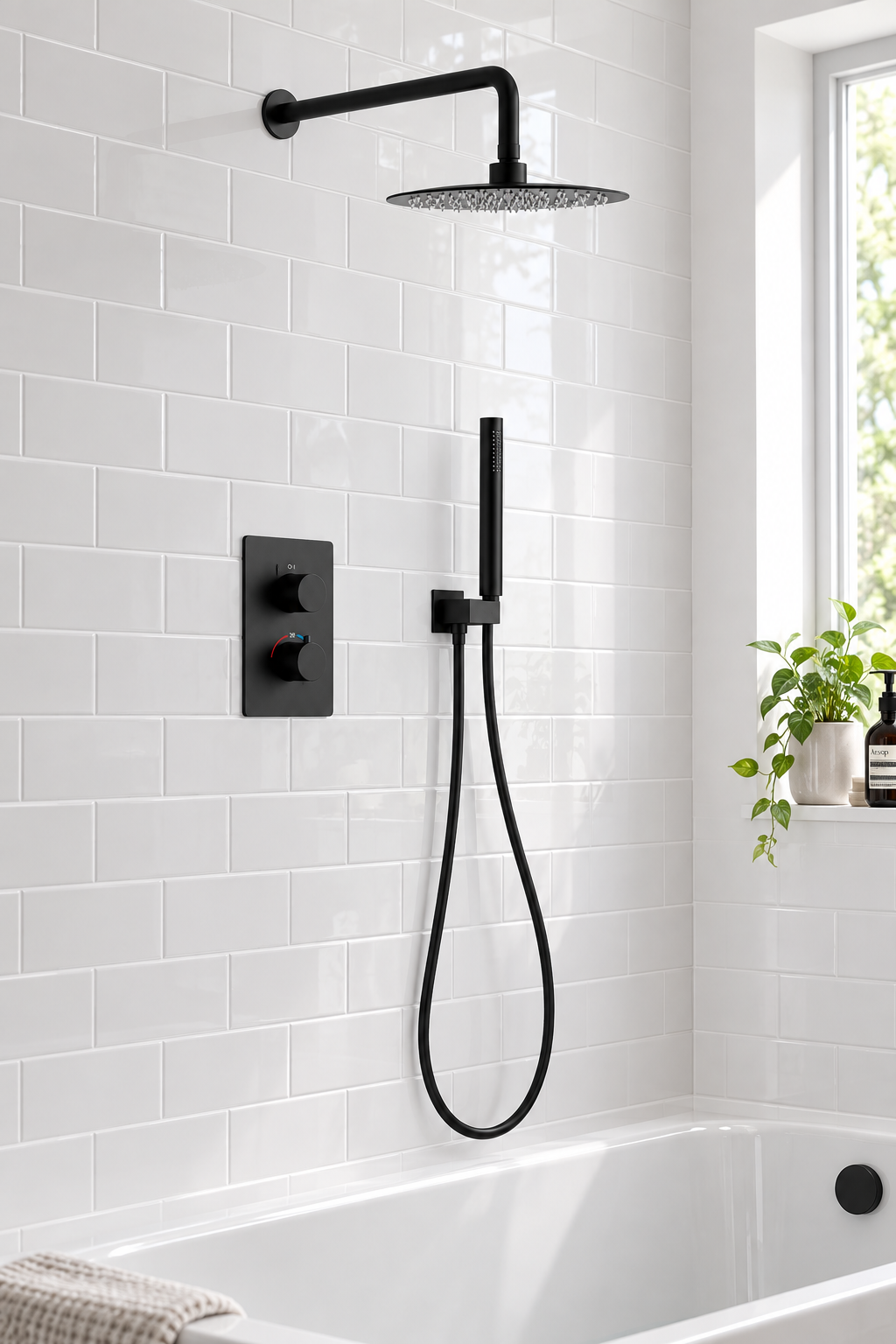 Orbis matt black 2 outlet concealed shower set installed in a bathroom, view 3