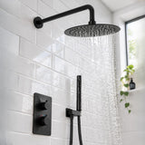 Orbis Matt Black Concealed Thermostatic Shower Set – 2 Outlet Twin Valve, 250mm Round Rainfall Head & Pencil Handset