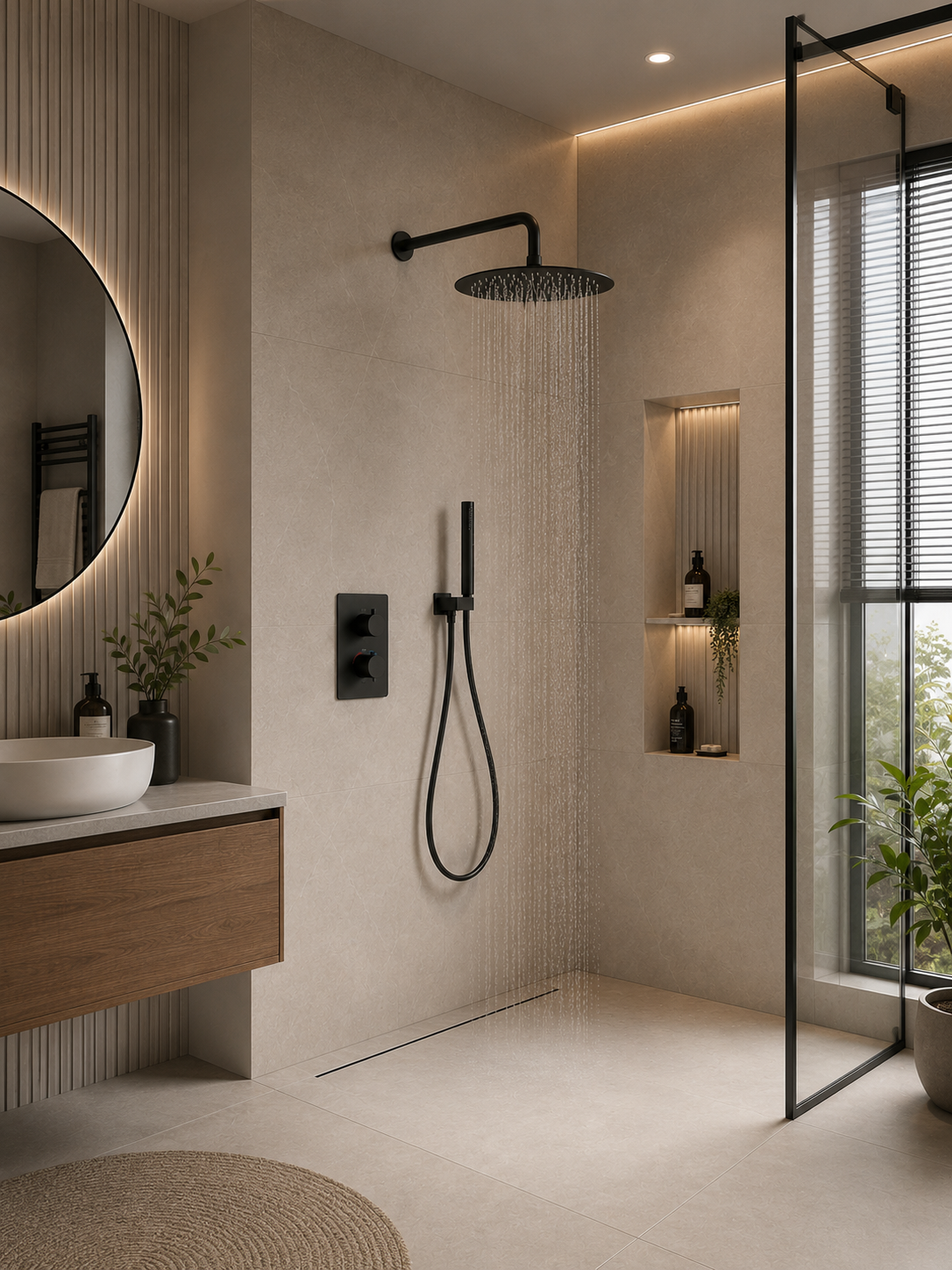 Orbis matt black 2 outlet concealed shower set in a modern minimalist spa-style bathroom