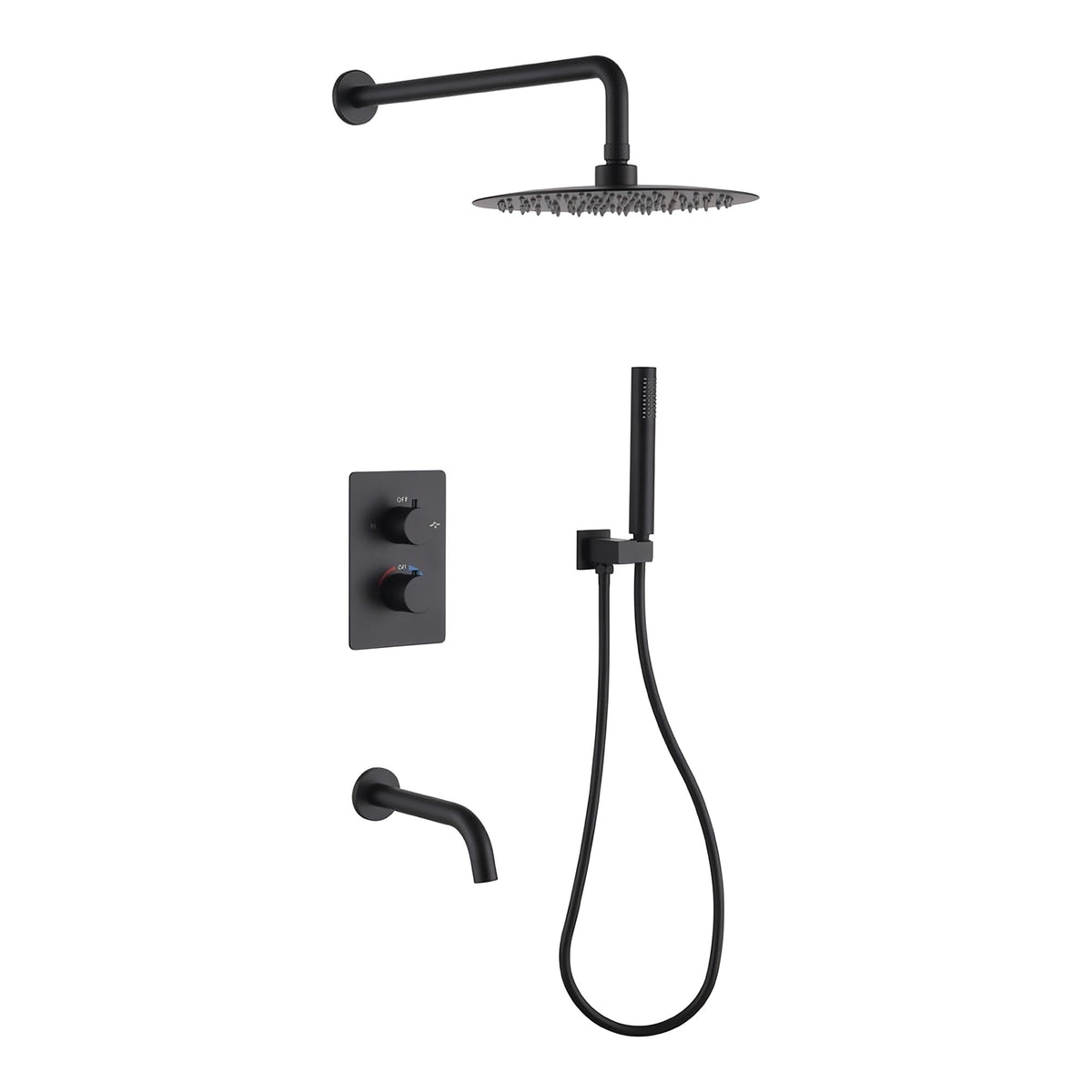 Orbis Matt Black Concealed Thermostatic Shower Set with Bath Spout – 3 Outlet Twin Valve, 300mm Round Rainfall Head & Pencil Handset