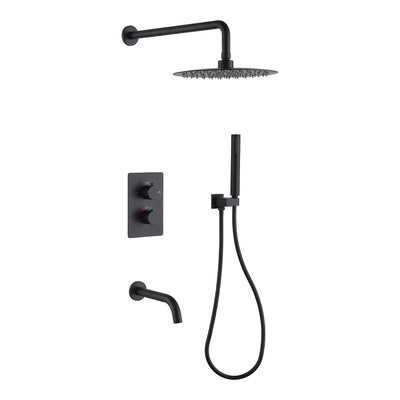 Orbis Matt Black Concealed Thermostatic Shower Set with Bath Spout – 3 Outlet Twin Valve, 300mm Round Rainfall Head & Pencil Handset