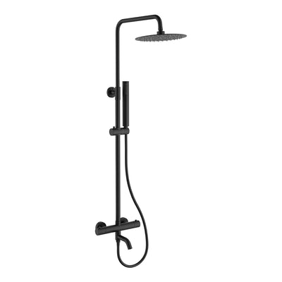 Orbis matt black exposed thermostatic bath shower mixer with riser rail, 250mm round rainfall head, pencil handset and bath filler