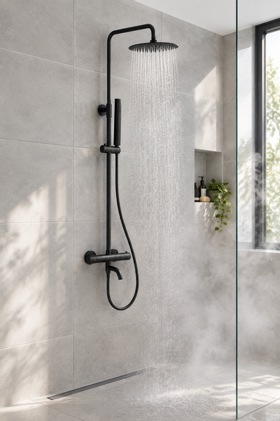 Orbis matt black exposed bath shower mixer installed in a bathroom