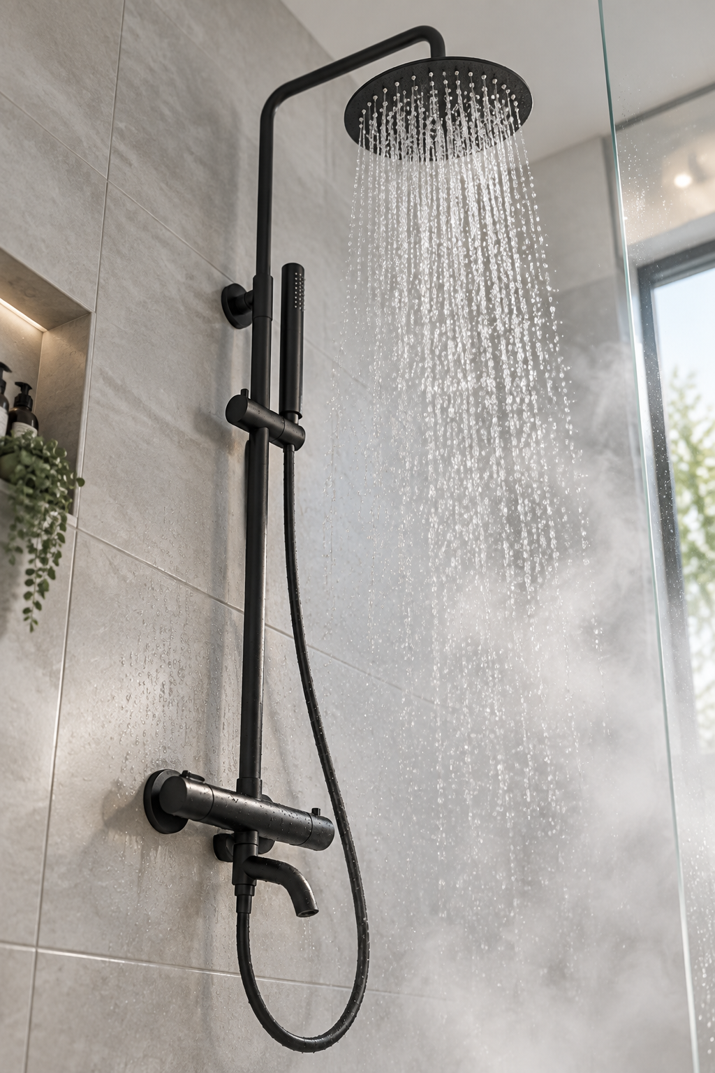 Orbis matt black exposed bath shower mixer installed in a bathroom, view 2