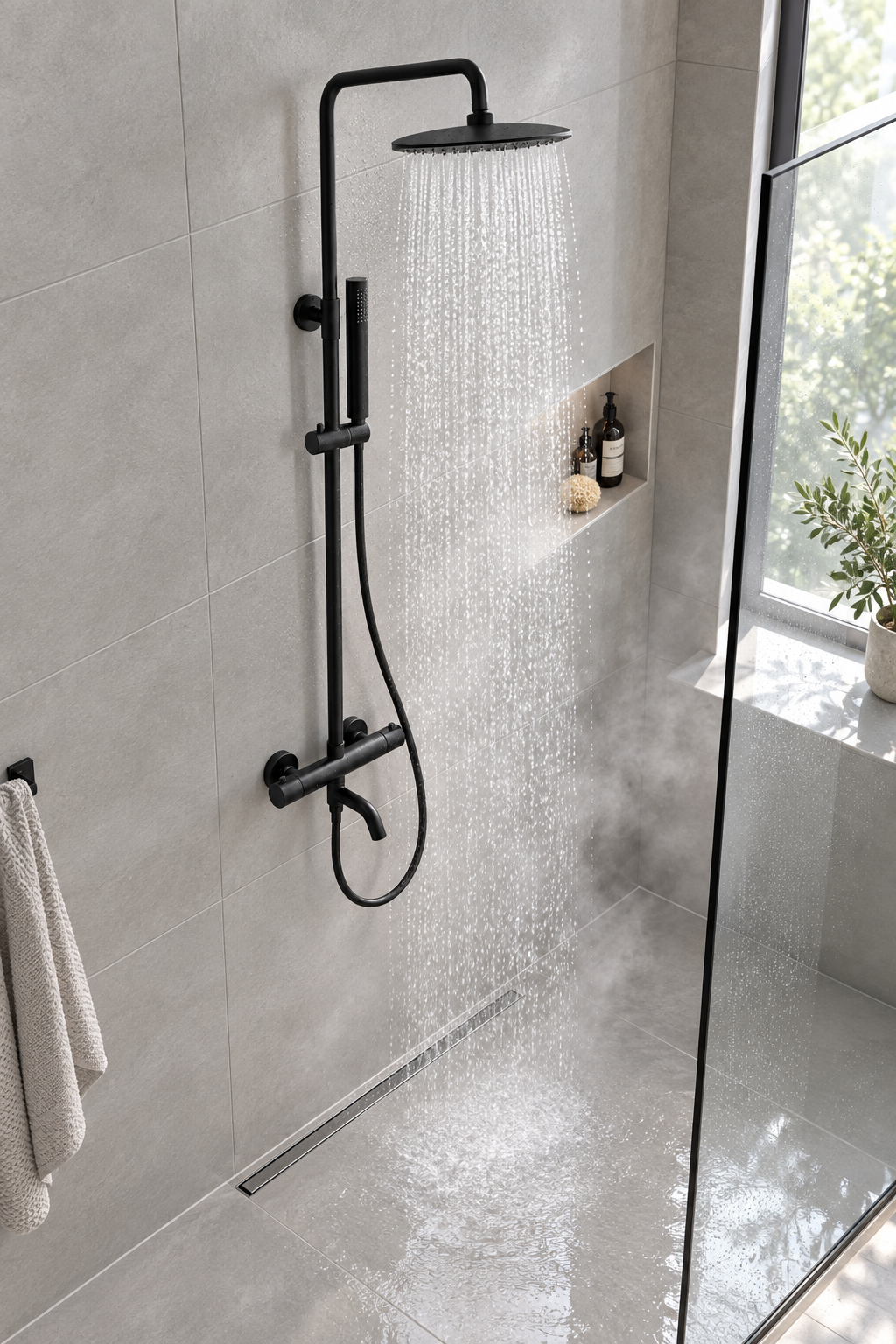 Orbis matt black exposed bath shower mixer installed in a bathroom, view 4