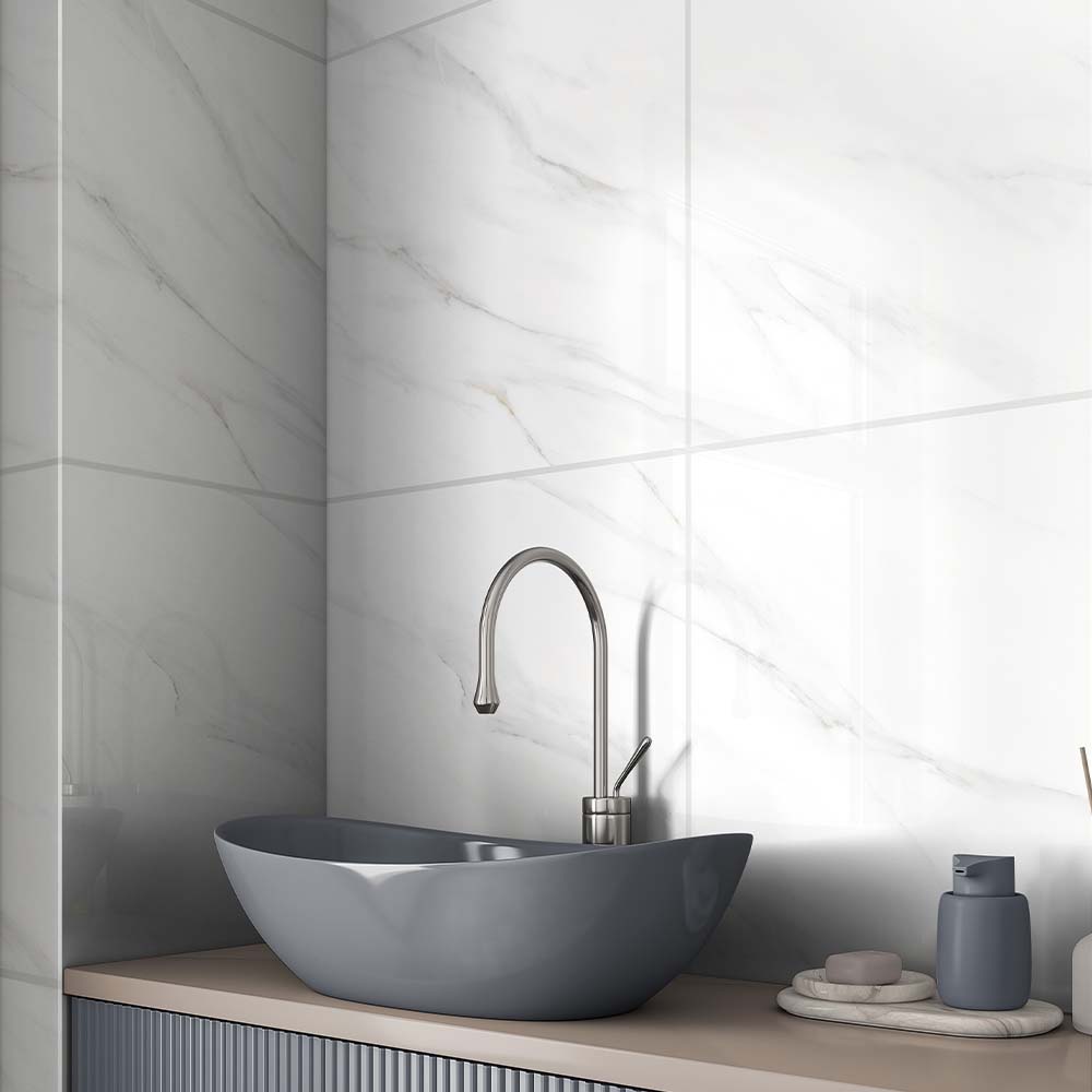 Pallet Deal: 150 Tiles (54 sq.m) Statuario Carrara White Polished Marble Effect Porcelain 60x60cm Wall and Floor Tile - TILES Paradise
