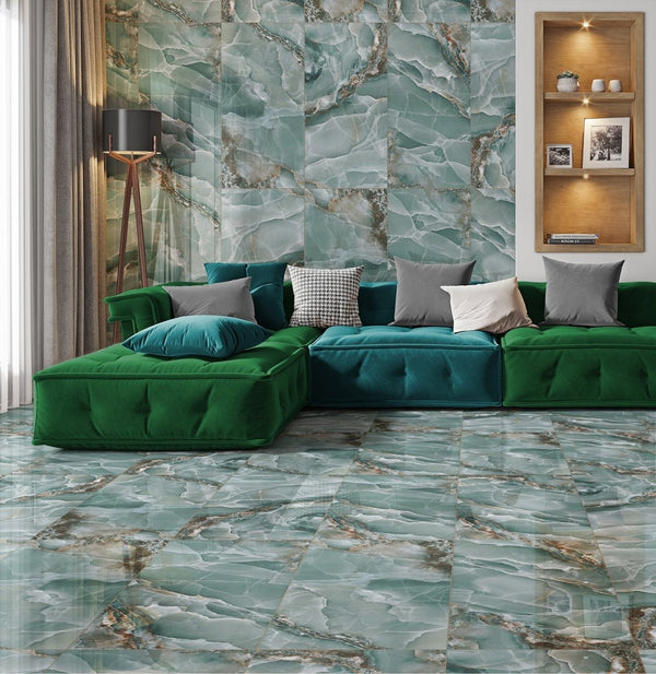 Job Lot : 30 Tiles (22 sq.m) Onyx Green Marble Effect Polished Porcelain 60x120cm Wall and Floor Tile