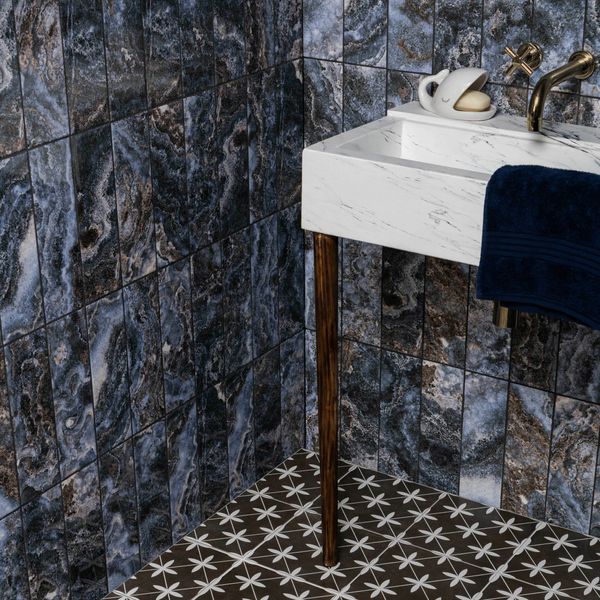 Onyx Blue Marble Effect Gloss 10x30cm Ceramic Metro Tiles