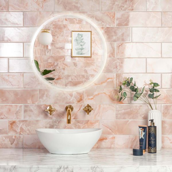 Onyx Pink Marble Effect Gloss 10x30cm Ceramic Metro Tiles