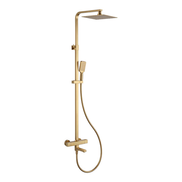 Quadra brushed gold exposed thermostatic bath shower mixer with riser rail, 300mm square rainfall head, handset and bath filler