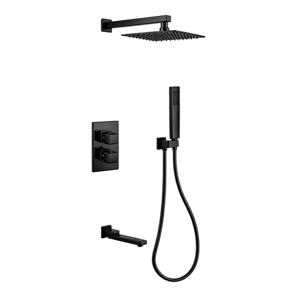 Quadra matt black concealed thermostatic shower set with 300mm square rainfall head, handset, bath spout and 3 outlet twin valve