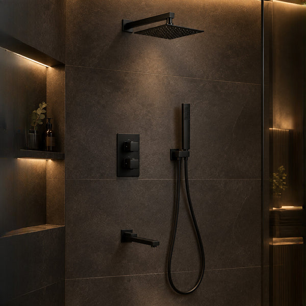 Quadra matt black 3 outlet concealed shower set with bath spout on dark stone-effect tiles