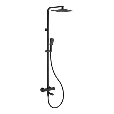 Quadra matt black exposed thermostatic bath shower mixer with riser rail, 300mm square rainfall head, handset and bath filler