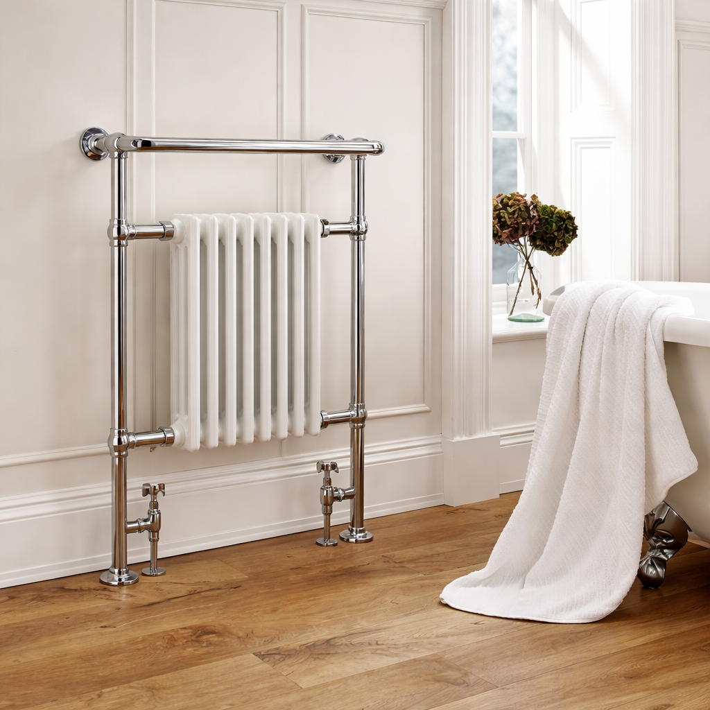 Reale Chrome & White Traditional Heated Towel Rail – 945x500mm