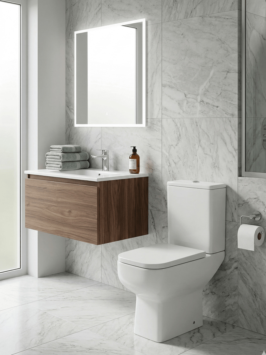 Rimless Antibacterial Close Coupled Toilet Open Back Soft Square with Slim Soft Close Seat – 600mm Projection – HYGENA Range - TILES Paradise
