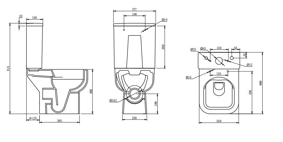 Rimless Antibacterial Close Coupled Toilet Open Back Soft Square with Slim Soft Close Seat – 600mm Projection – HYGENA Range - TILES Paradise