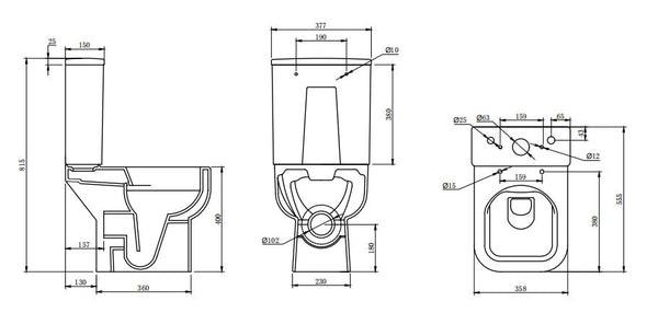 Rimless Antibacterial Close Coupled Toilet Open Back Soft Square with Slim Soft Close Seat – HYGENA Range