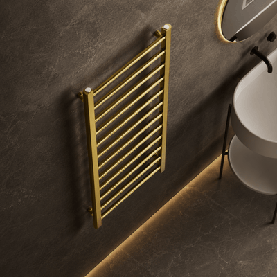 Rivena 1200x500mm Brushed Gold Heated Towel Rail – Slimline 12 Bar Ladder Radiator - TILES Paradise
