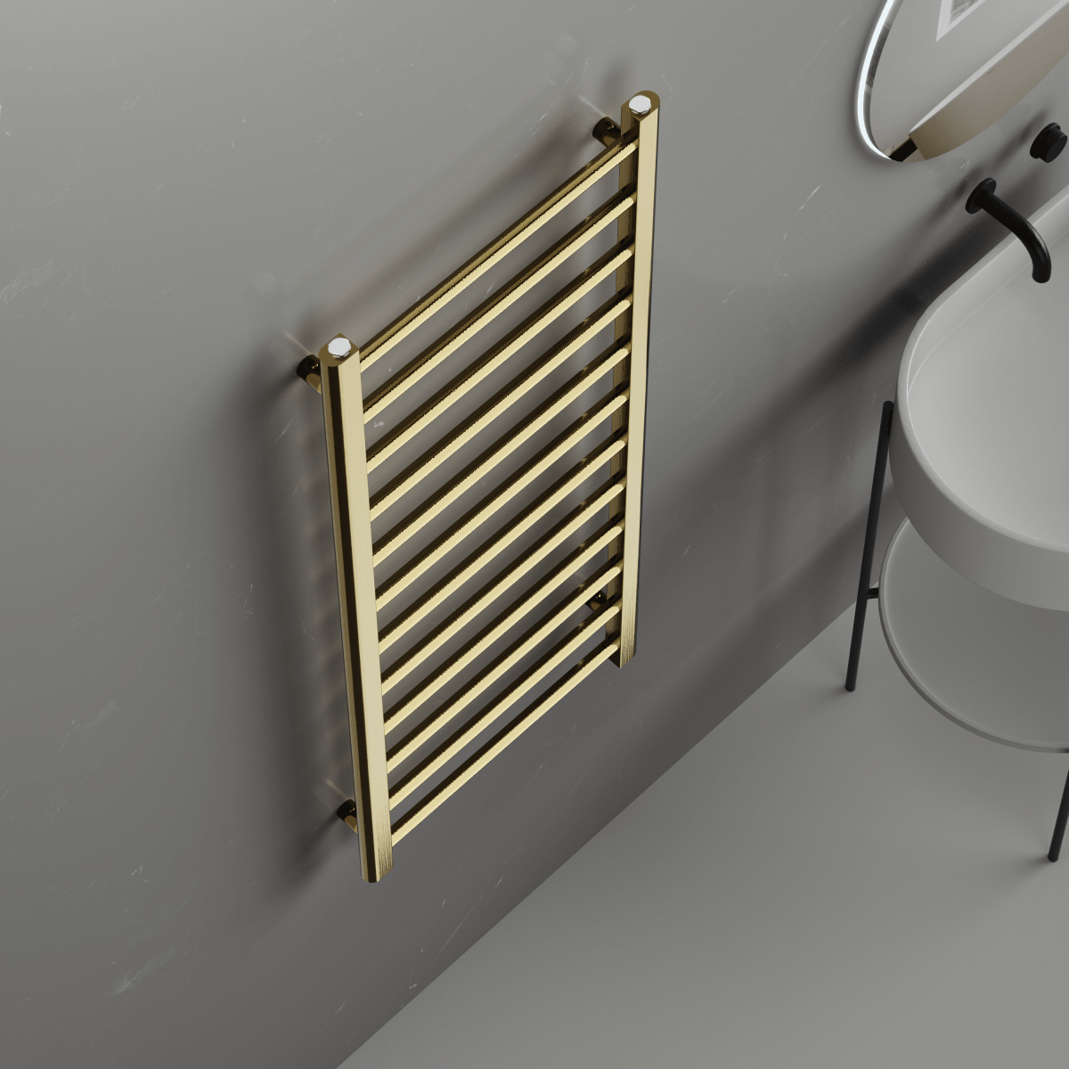 Rivena 1200x500mm Brushed Gold Heated Towel Rail – Slimline 12 Bar Ladder Radiator - TILES Paradise