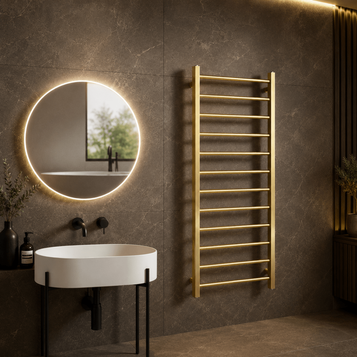 Rivena 1200x500mm Brushed Gold Heated Towel Rail – Slimline 12 Bar Ladder Radiator - TILES Paradise