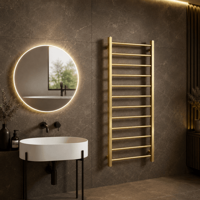 Rivena 1200x500mm Brushed Gold Heated Towel Rail – Slimline 12 Bar Ladder Radiator - TILES Paradise