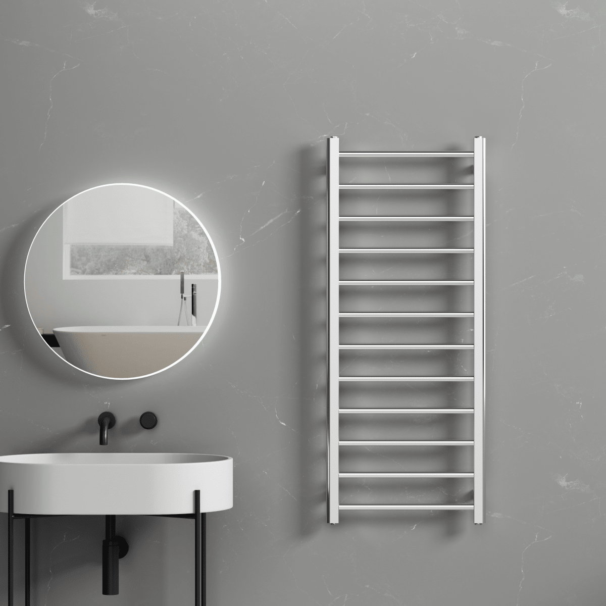 Rivena 1200x500mm Chrome Heated Towel Rail – Slimline 12 Bar Ladder Radiator - TILES Paradise