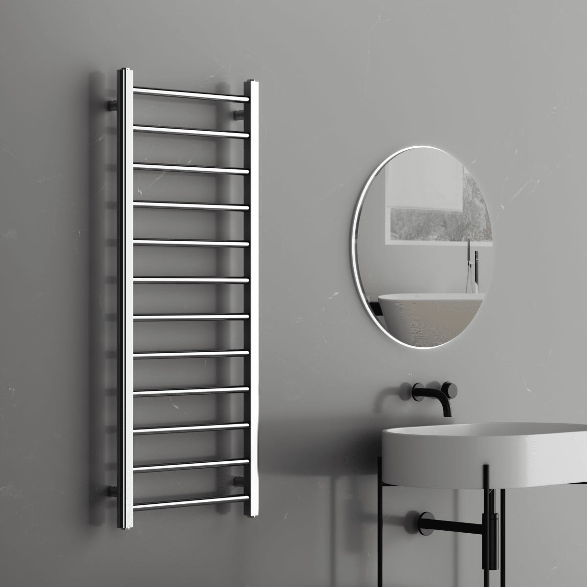 Rivena 1200x500mm Chrome Heated Towel Rail – Slimline 12 Bar Ladder Radiator - TILES Paradise