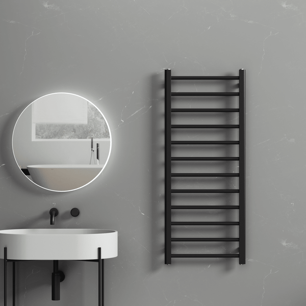 Rivena 1200x500mm Matt Black Heated Towel Rail – Slimline 12 Bar Ladder Radiator