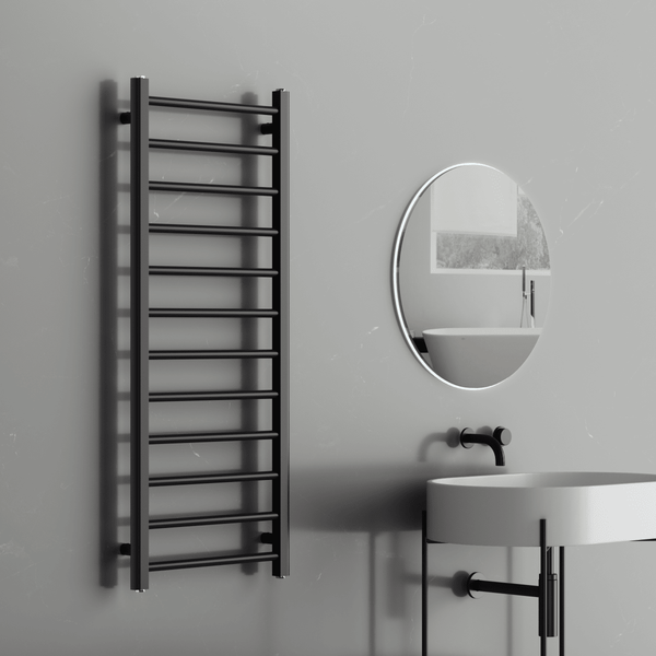 Rivena 1200x500mm Matt Black Heated Towel Rail – Slimline 12 Bar Ladder Radiator