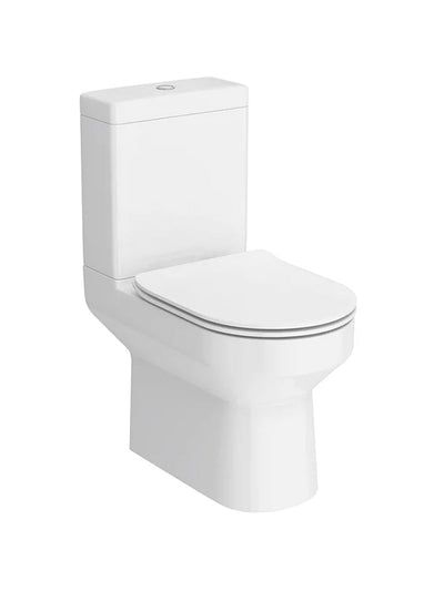 Round Rimless Comfort Height Close Coupled Toilet Open Back with Soft Close Seat – VARENO Range - TILES Paradise
