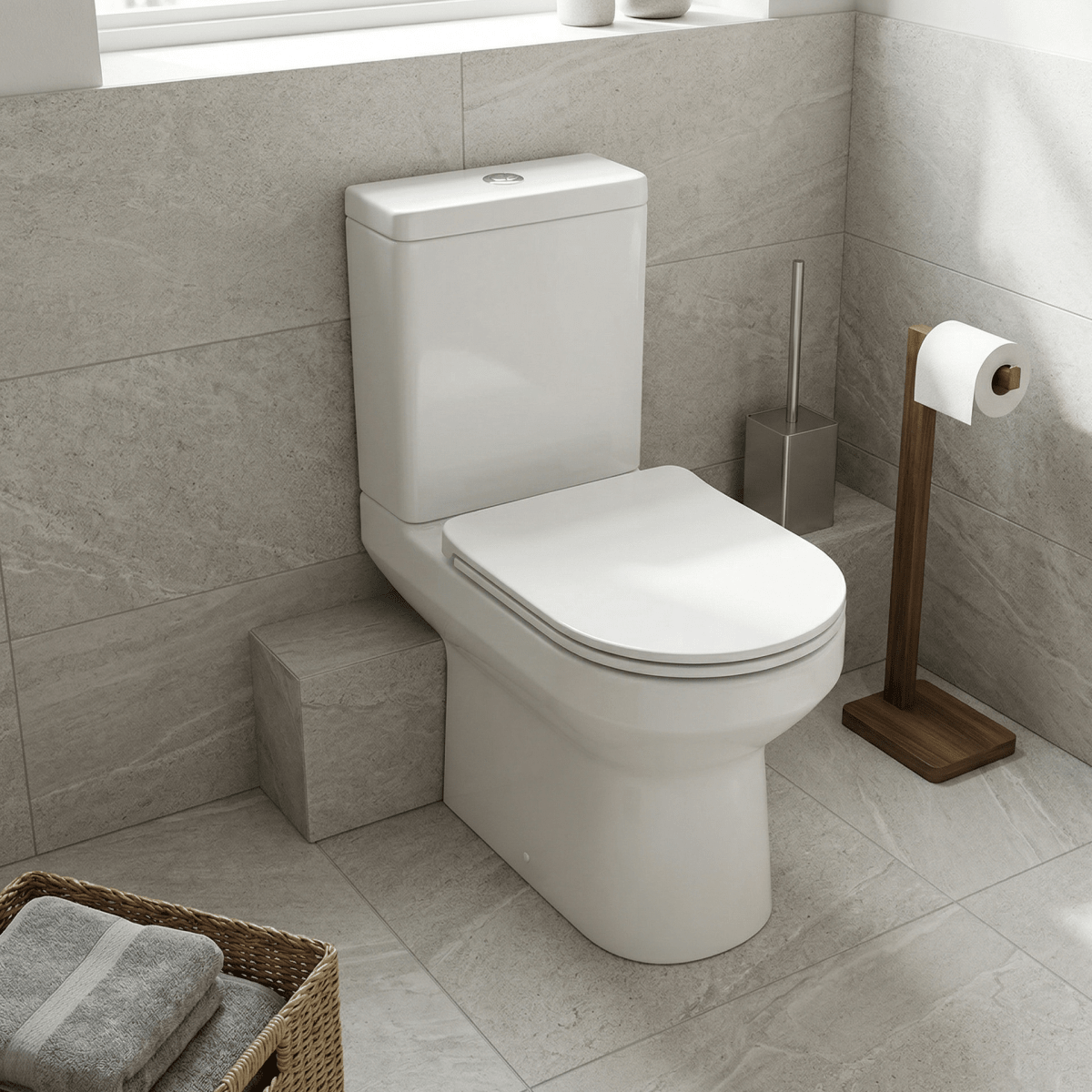 Round Rimless Comfort Height Close Coupled Toilet Open Back with Soft Close Seat – VARENO Range - TILES Paradise