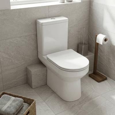 Round Rimless Comfort Height Close Coupled Toilet Open Back with Soft Close Seat – VARENO Range - TILES Paradise