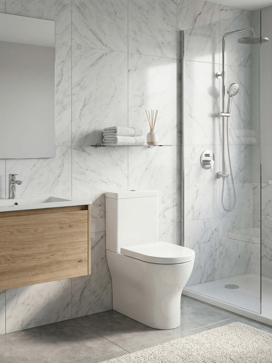 Round Rimless Comfort Height Fully Enclosed Close Coupled Toilet with Soft Close Seat – NOVERA Range - TILES Paradise