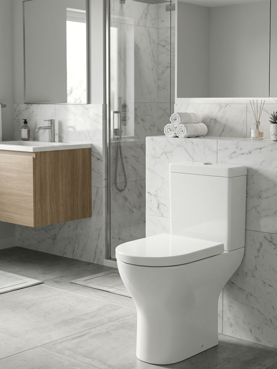 Round Rimless Comfort Height Open Back Close Coupled Toilet with Soft Close Seat – NOVERA Range - TILES Paradise