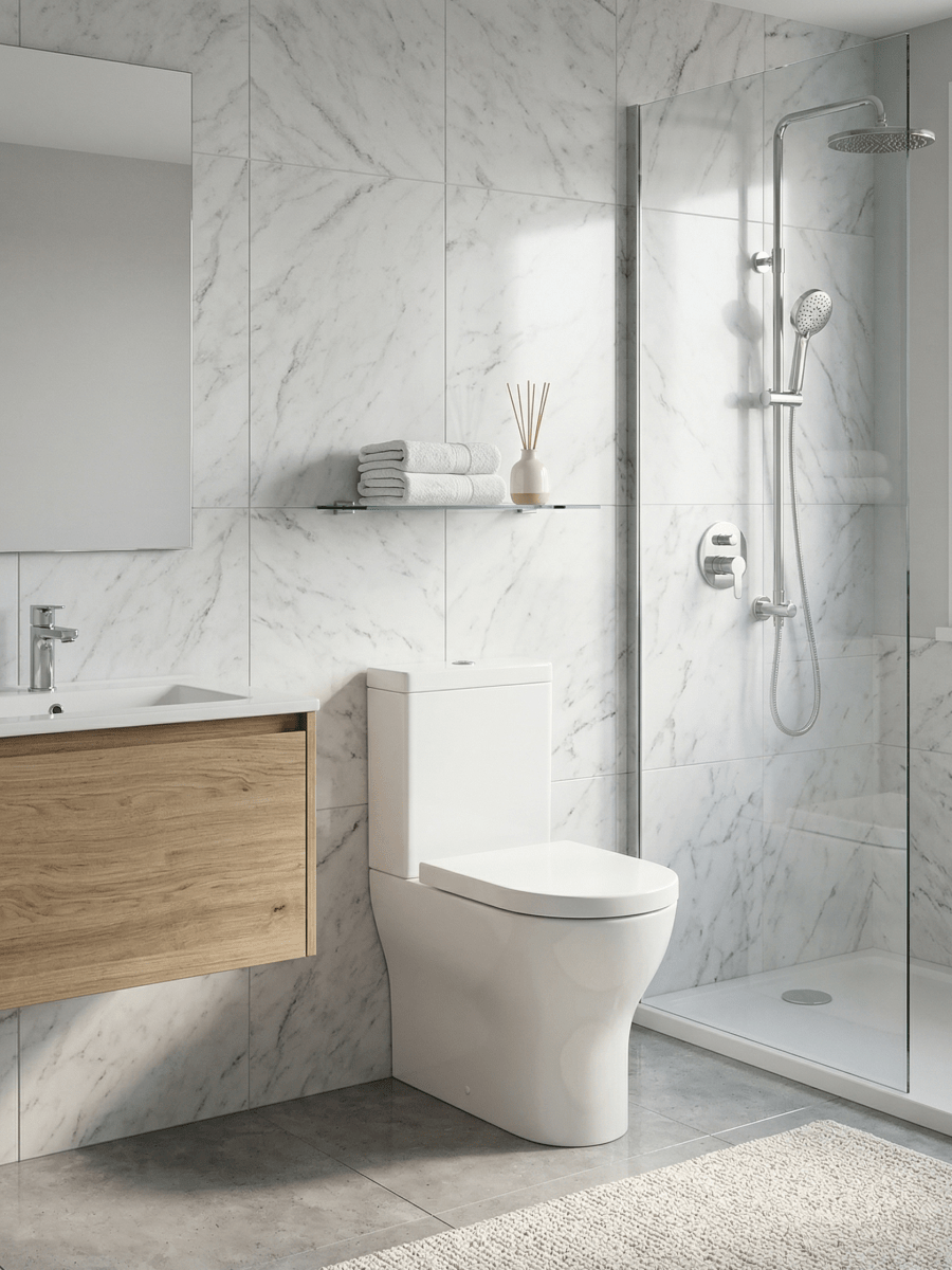 Round Rimless Fully Enclosed Close Coupled Toilet with Soft Close Seat – NOVERA Range - TILES Paradise