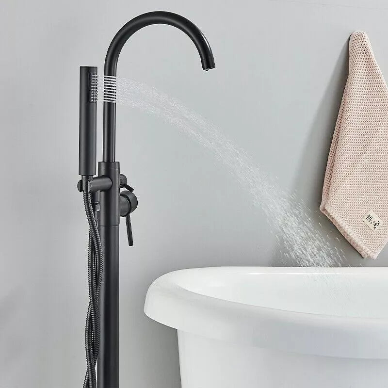 Drexon Matt Black Round Freestanding Bath Mixer Tap with Hand Shower – Dual Handle Floor Standing Filler