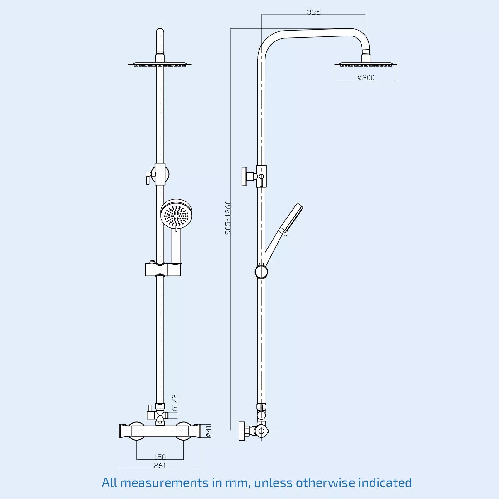 Rosa Chrome Thermostatic Shower Set – Slim Round 200mm Head & Handset, Adjustable Riser Rail