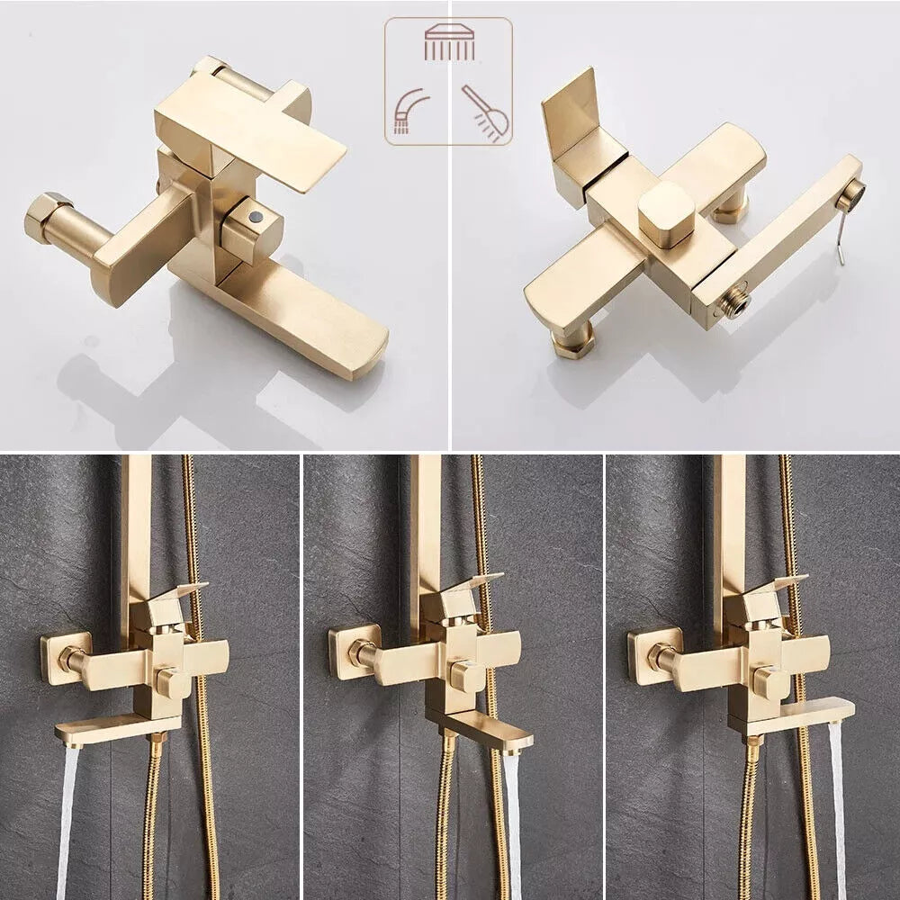 Lunoro Brushed Gold Thermostatic Bath & Shower Set – Waterfall & Rainfall Head with Shelf