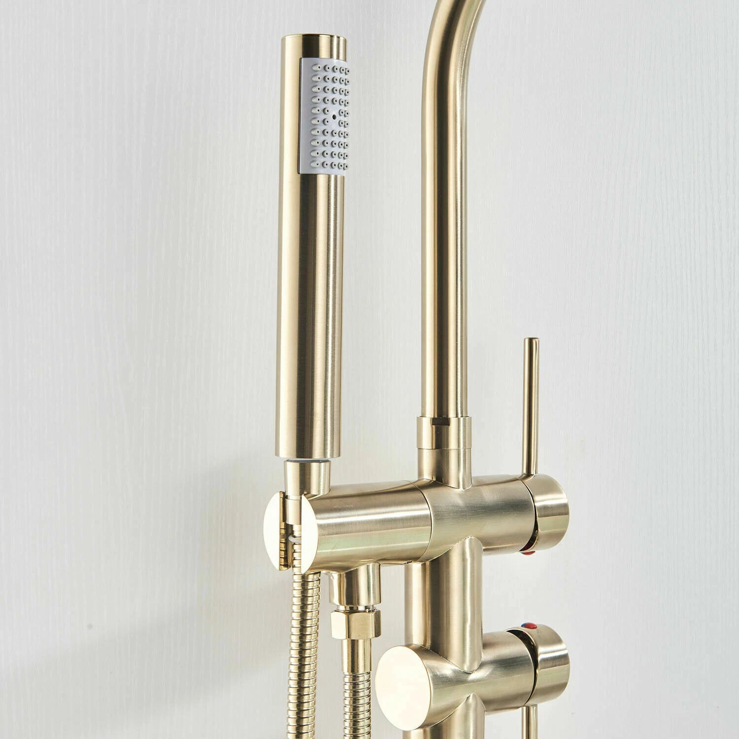 Aquari Brushed Gold Round Freestanding Bath Shower Mixer Tap with Handheld – Floor Mounted