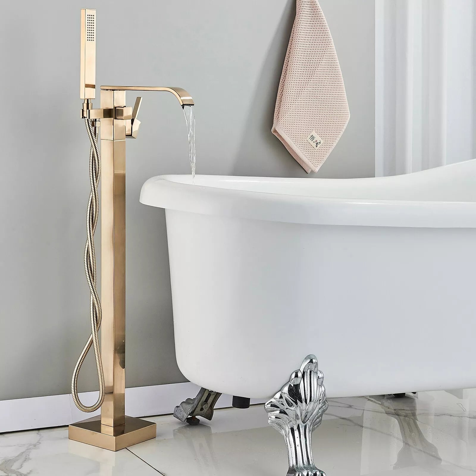 Aquari Brushed Gold Square Freestanding Bath Shower Mixer Tap with Handheld – Floor Mounted