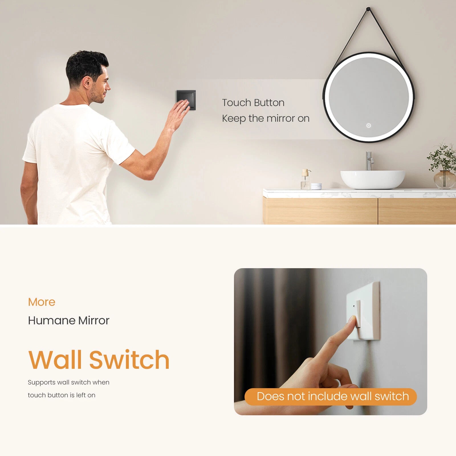 Arctiq 500mm Round LED Mirror – Cool White Light, Dimmable, Touch Sensor, Black Frame with Hanging Strap